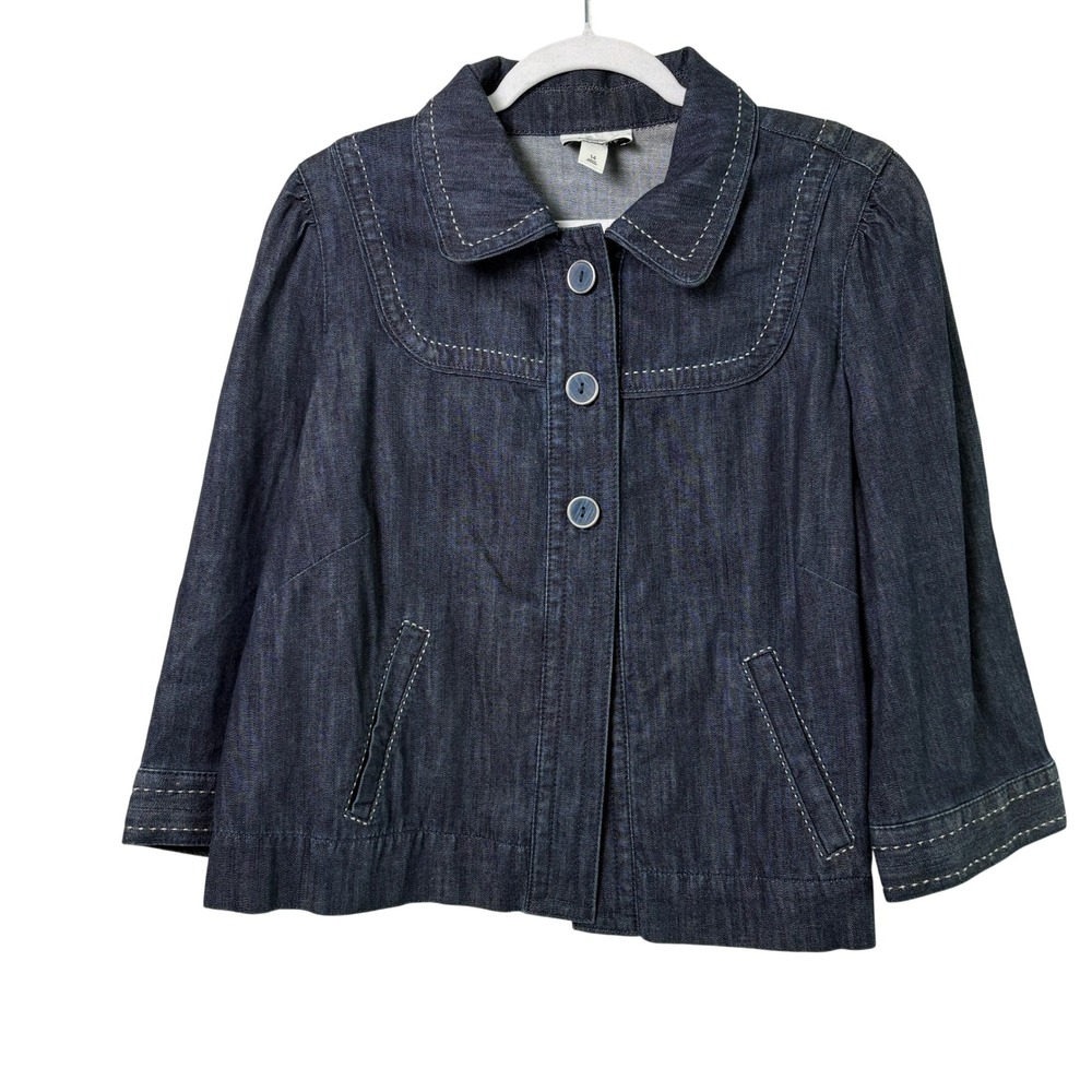 Ann Taylor Loft Denim Jacket Size 14 Dark Blue Contrast Stitch 3/4 Sleeve Flowy